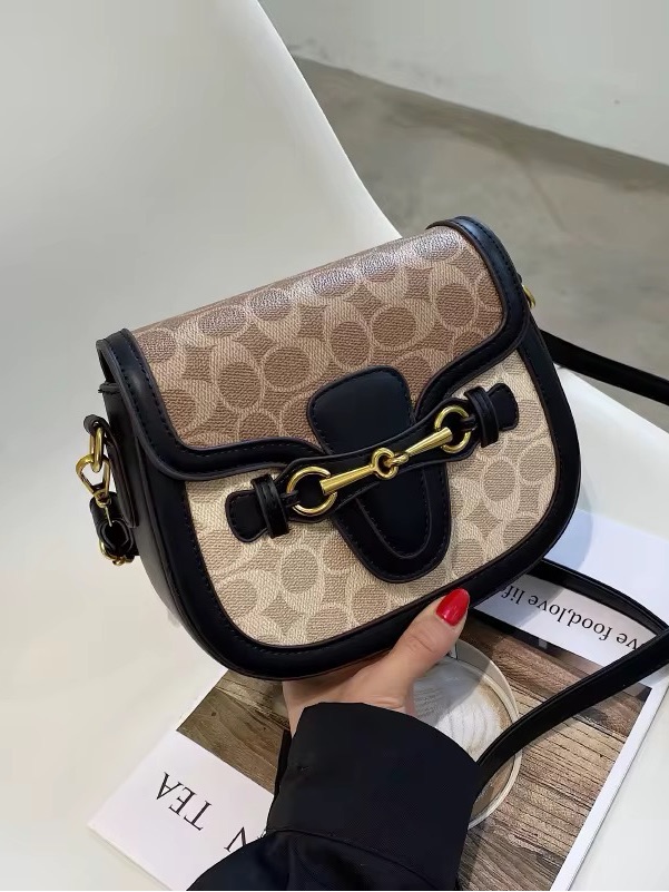 Beige And Black Signature Canvas Saddle Bag With Gold Hardware
